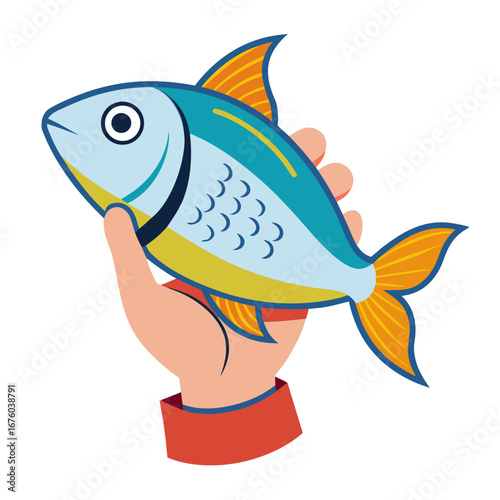Vibrant hand proudly displays a freshly caught, colorful fish, symbolizing achievement and bounty in a stylized, modern representation of success and harvest.