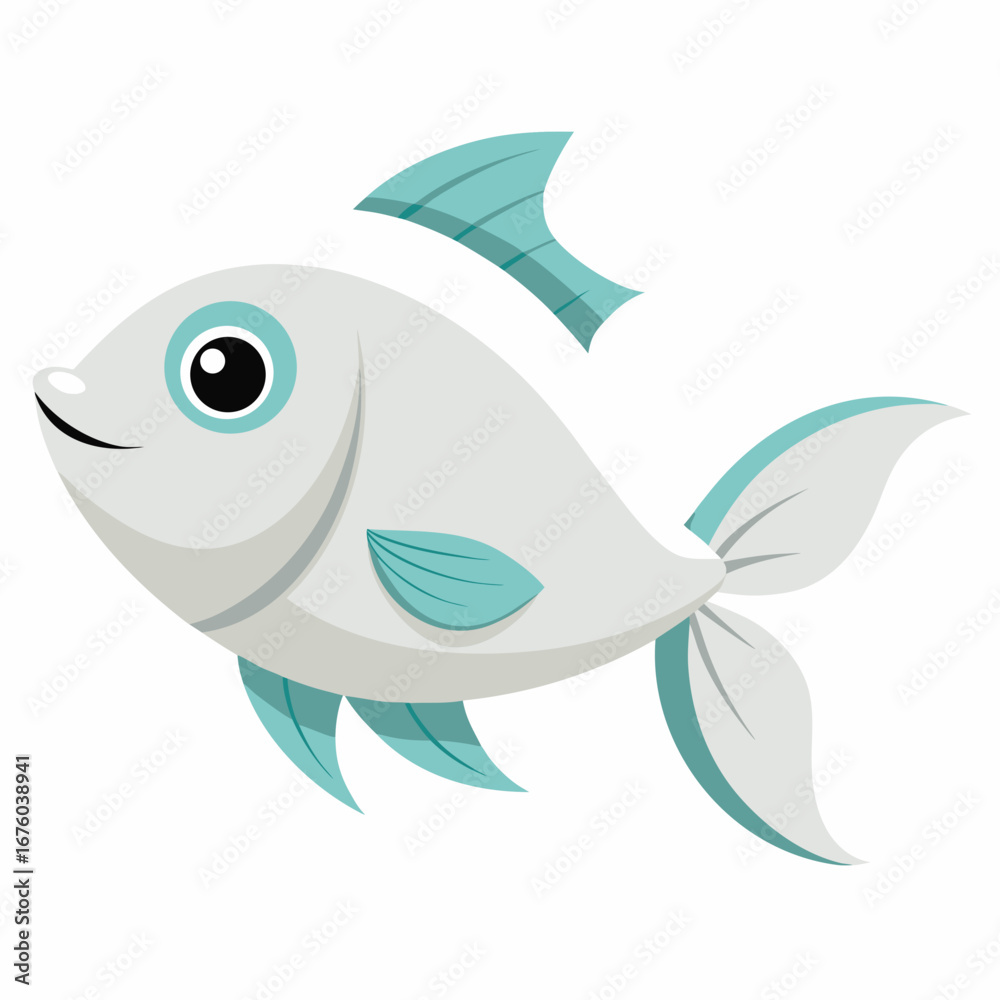 Obraz premium Whimsical cartoon fish illustration in cool aqua and grey tones, perfect for children's books, educational materials, or aquatic-themed designs, bringing a playful aquatic charm to any project.