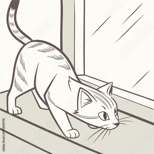 A curious domestic cat crouches low on a windowsill looking out a window with a focused expression