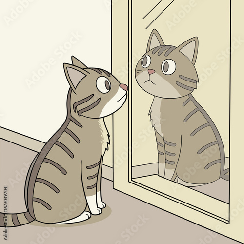 A curious tabby cat sits and stares intently at its reflection in a large mirror