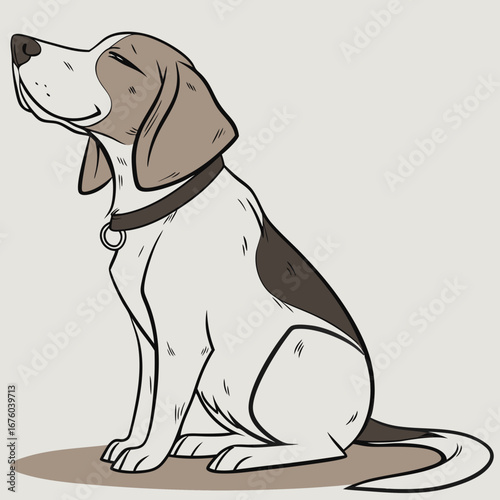 A charming cartoon illustration of a beagle dog sitting patiently with its eyes closed and head tilted upwards