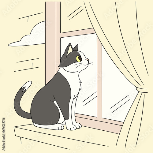 A charming cartoon illustration of a black and white cat sitting on a windowsill looking out a window with curtains