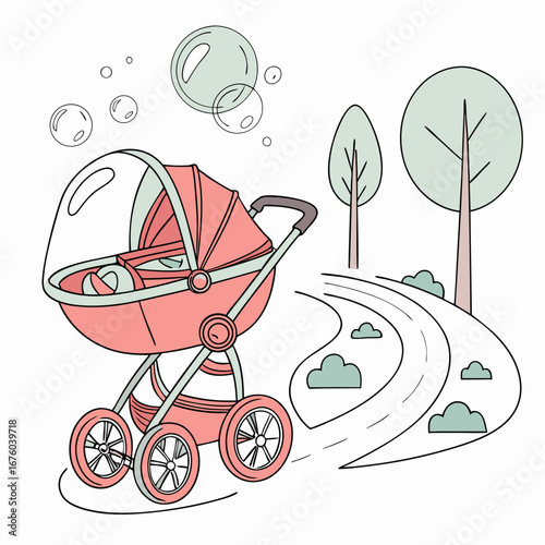 A cute pink baby stroller with a transparent canopy is parked next to a winding road in a park with trees and clouds