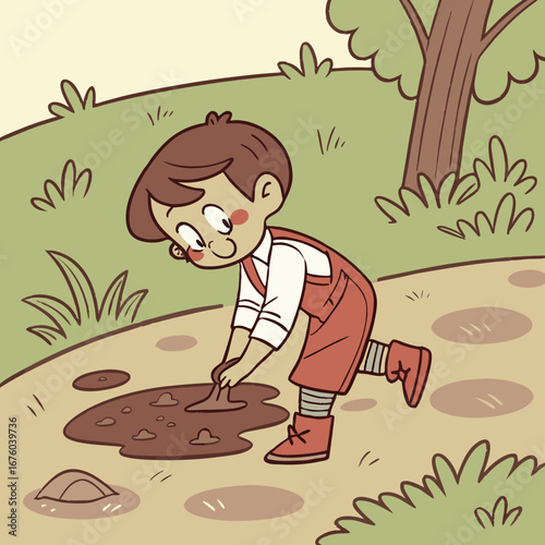 A happy young boy wearing overalls and boots plays in a muddy puddle outdoors near a tree