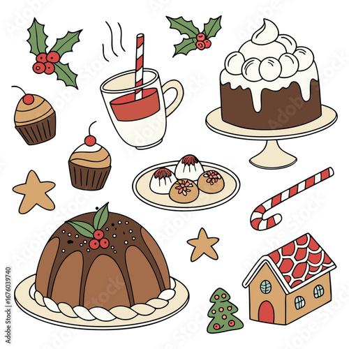 A colorful seamless pattern with cartoon cakes and sweet desserts like cupcakes and muffins perfect for a bakery illustration