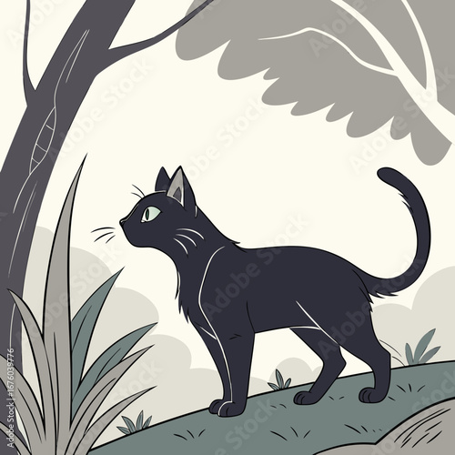 A sleek black cat with emerald green eyes stands alert in a stylized forest setting with muted colors