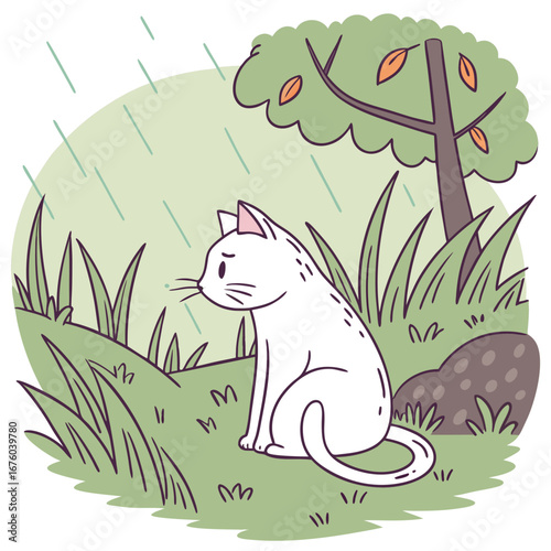 A sad white cat sits alone in the rain under a tree feeling melancholy