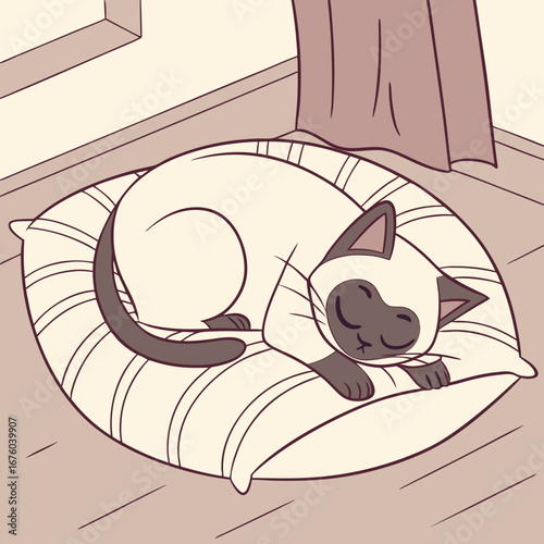 Adorable cartoon siamese cat peacefully sleeping curled up on a striped pillow in a cozy room