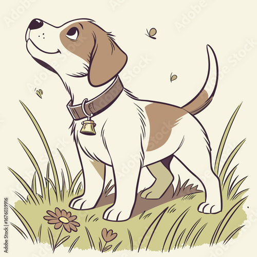Adorable cartoon puppy with a collar and bell looking up at butterflies in a grassy field with flowers