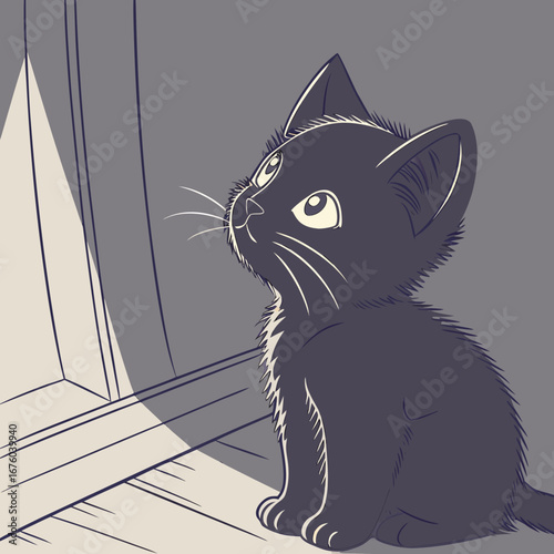 Adorable curious black kitten sitting by a window looking up at soft light with wonder