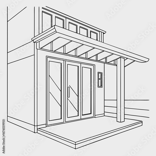 Architectural drawing of a modern building entrance with double glass doors and a covered porch