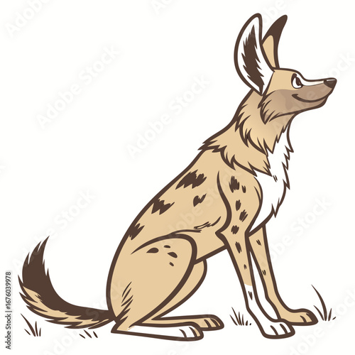 Cartoon illustration of a friendly african wild dog sitting on grass looking to the side with large ears