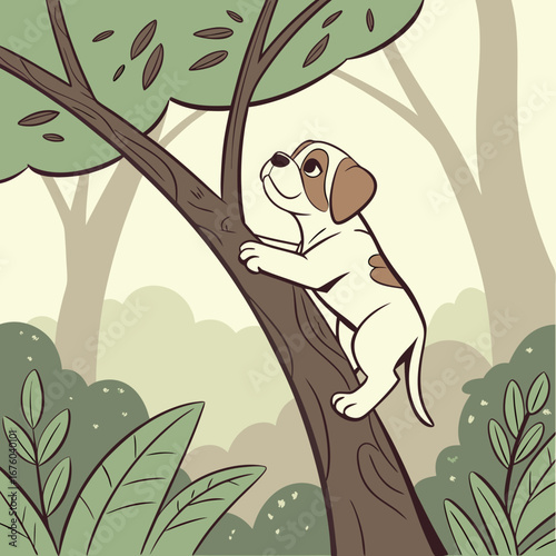 Curious puppy with brown ears climbs up a tree trunk in a stylized forest setting