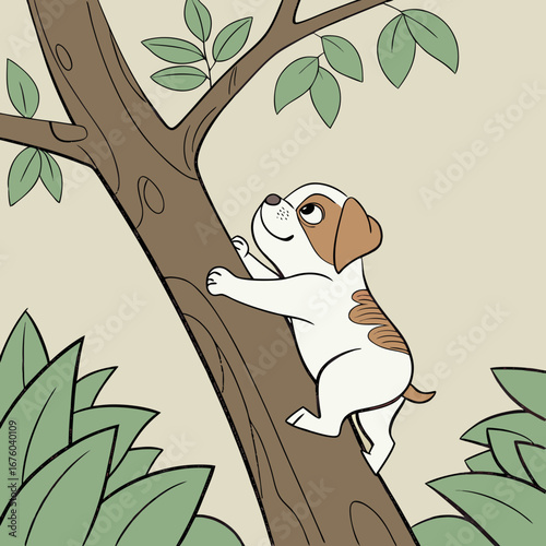 Curious white and brown puppy dog enthusiastically climbing up a large tree trunk surrounded by green leaves