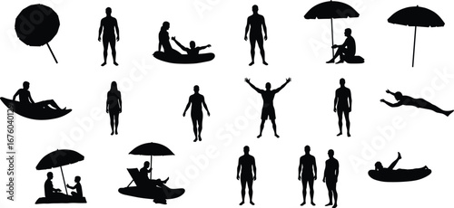 Beach silhouettes, summer activity icons, people on beach, umbrella graphics, swimming poses, relaxing figures, vacation scene, black vector set, isolated design, holiday concept