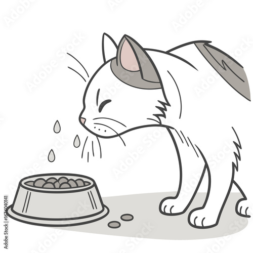 Cute cartoon cat with closed eyes eating from a food bowl with spilled kibble and water droplets