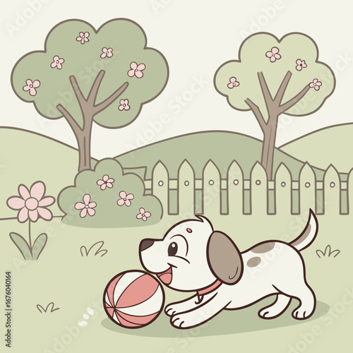Cute cartoon puppy playing with a ball in a sunny garden with trees and flowers