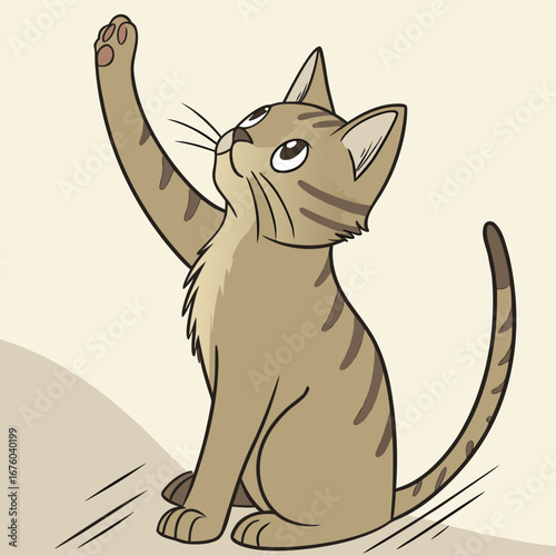 Cute cartoon tabby cat sitting and reaching up with its paw in a playful gesture