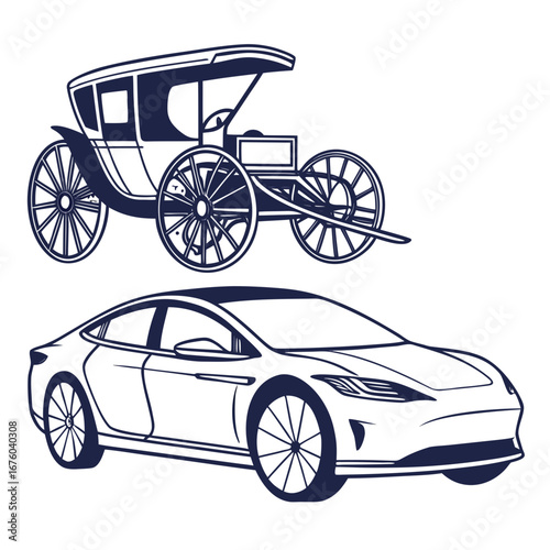 Evolution of transportation from a horse drawn carriage to a modern electric car