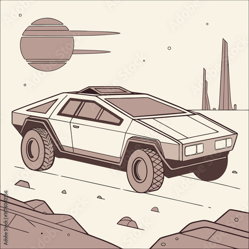 Futuristic off road vehicle driving across a barren alien landscape under a stylized planet and distant structures
