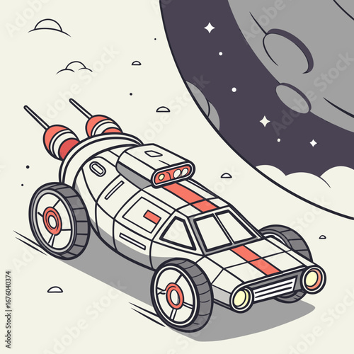 Futuristic space rover with red accents drives across a dusty alien planet surface near a large moon