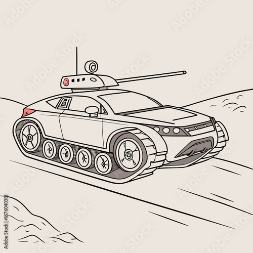 Futuristic hybrid tank car with treads and a cannon driving through a desert landscape
