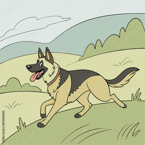 Happy german shepherd dog running joyfully through a grassy landscape under a cloudy sky