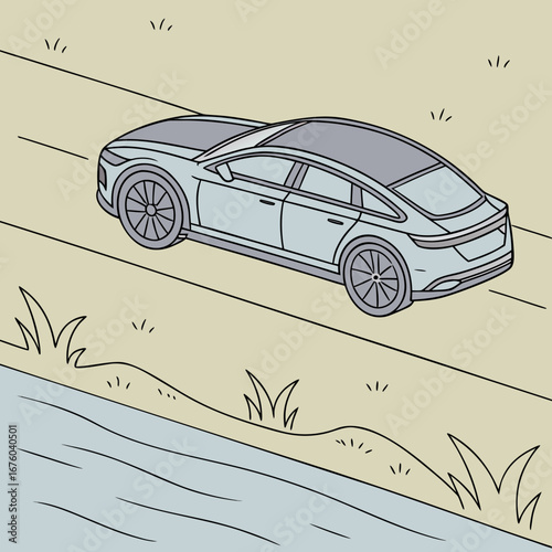 Modern electric sedan driving along a scenic road next to a calm body of water