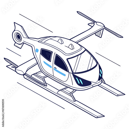 Modern futuristic electric helicopter with sleek design flying fast through the sky