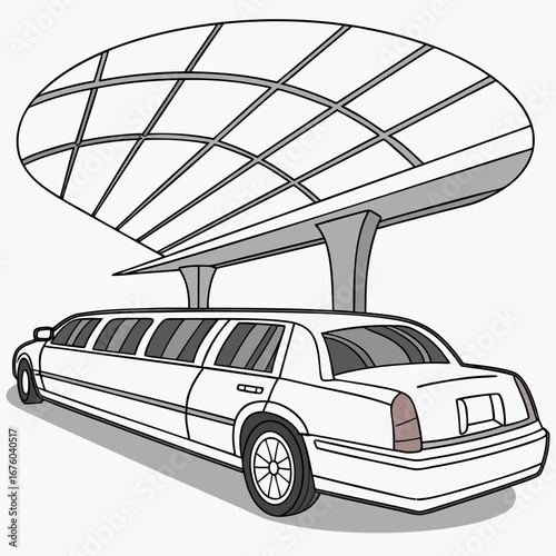 Modern white limousine parked under a futuristic architectural canopy with a grid ceiling design