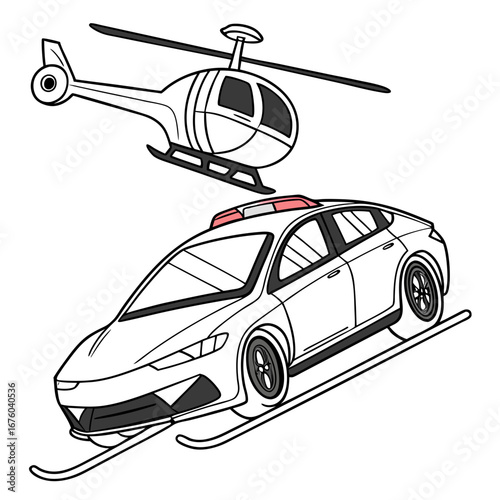 Modern police car with flashing lights and a helicopter flying above on a white background