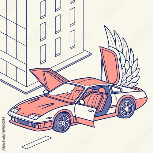 Retro sports car with open doors and wings parked in front of a stylized building on a street