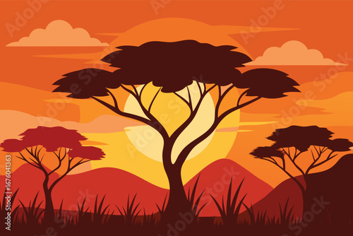 sunset savanna with acacia trees and tall grass