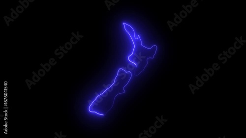 New Zealand map icon animation by white color neon on black background.