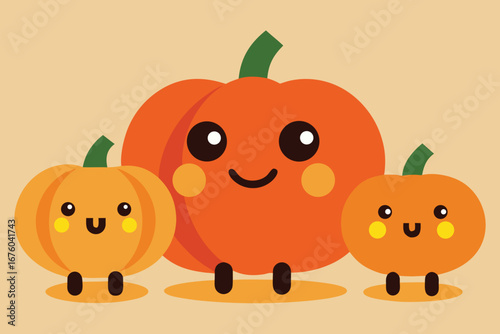 Cute Cartoon Pumpkins for Halloween with Sweet Smiling Faces Perfect for Greeting Cards and Autumn Designs with Happy Family Concept and Light Brown Background