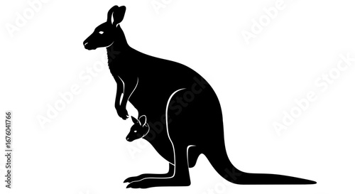 Black silhouette of a mother kangaroo with a joey in her pouch, standing in profile.