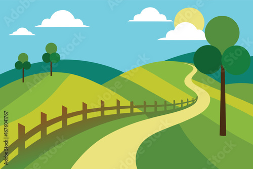 rural pathway with fences trees and rolling hills 