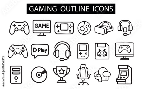 A set of linear icons under the title “GAMING OUTLINE ICONS.” The set includes icons depicting elements related to the gaming industry.