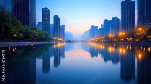 Skyline Panoramic skyline view of a bustling metropolis reflecting on a calm river.