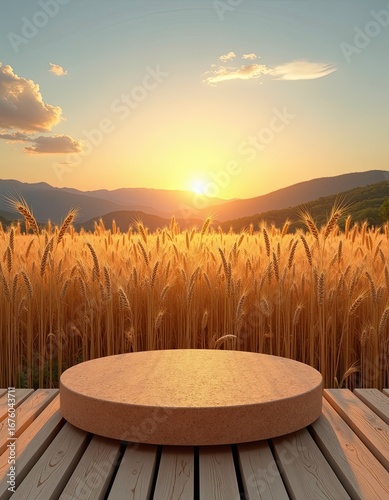 Golden wheat field at sunset with a wooden podium in the foreground, creating a serene and natural display setting for product presentation