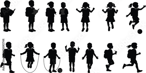 Children silhouette, kids activities, school life, playful moments, childhood fun, outdoor play, education 