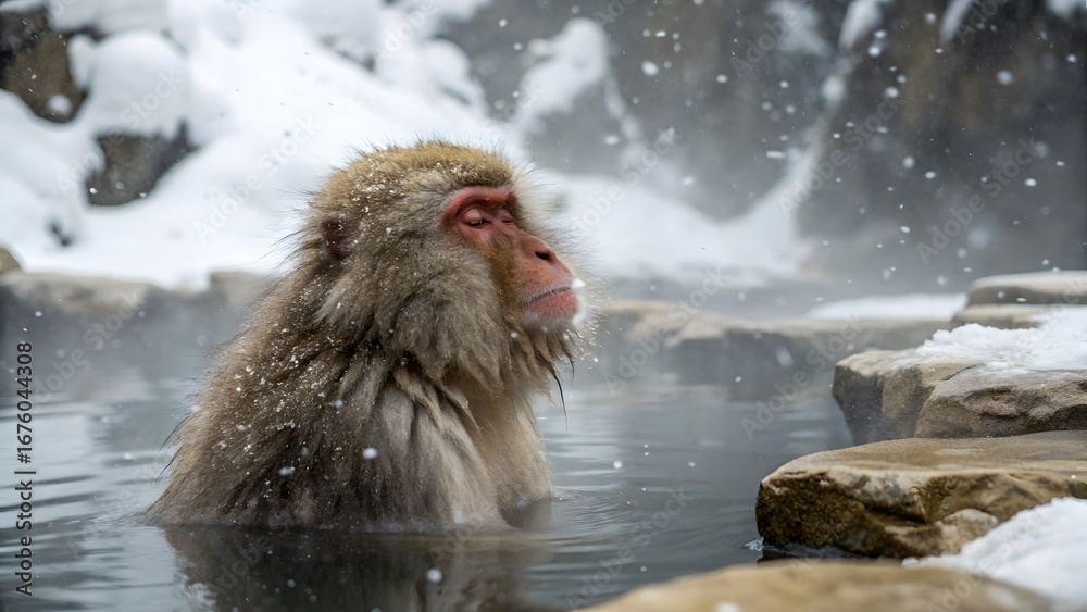 Naklejka premium Snow Monkey Soaking in Hot Spring: Witness a snow monkey in a state of pure bliss, relaxing in the warmth of a steaming hot spring.