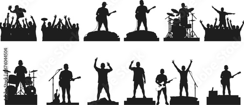 Concert silhouettes, live music performance, rock band stage, audience crowd, guitar player, drummer action, platform pose, amplifier setup, music event, energy