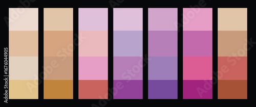Color Palette. Warm Tones. A modern vector set of seven abstract color palettes or swatches with warm skin, pink, and purple tones for a brand identity kit or a makeup brand's guide.