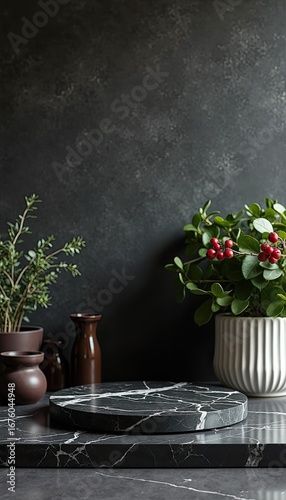Dark moody kitchen counter with marble slab and potted plants, featuring a dark textured wall background and a dark stone countertop