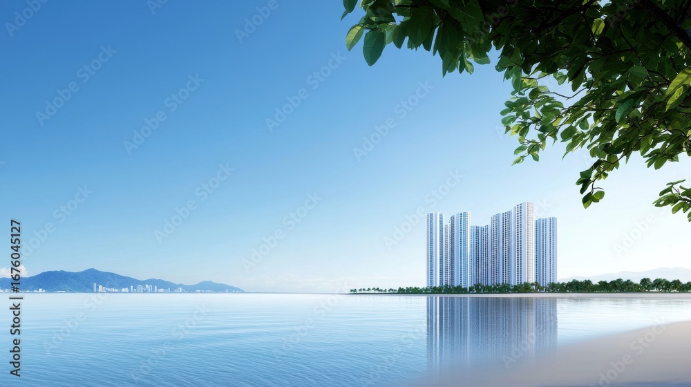 Fototapeta premium Development Waterfront development featuring modern high rises overlooking a scenic bay.