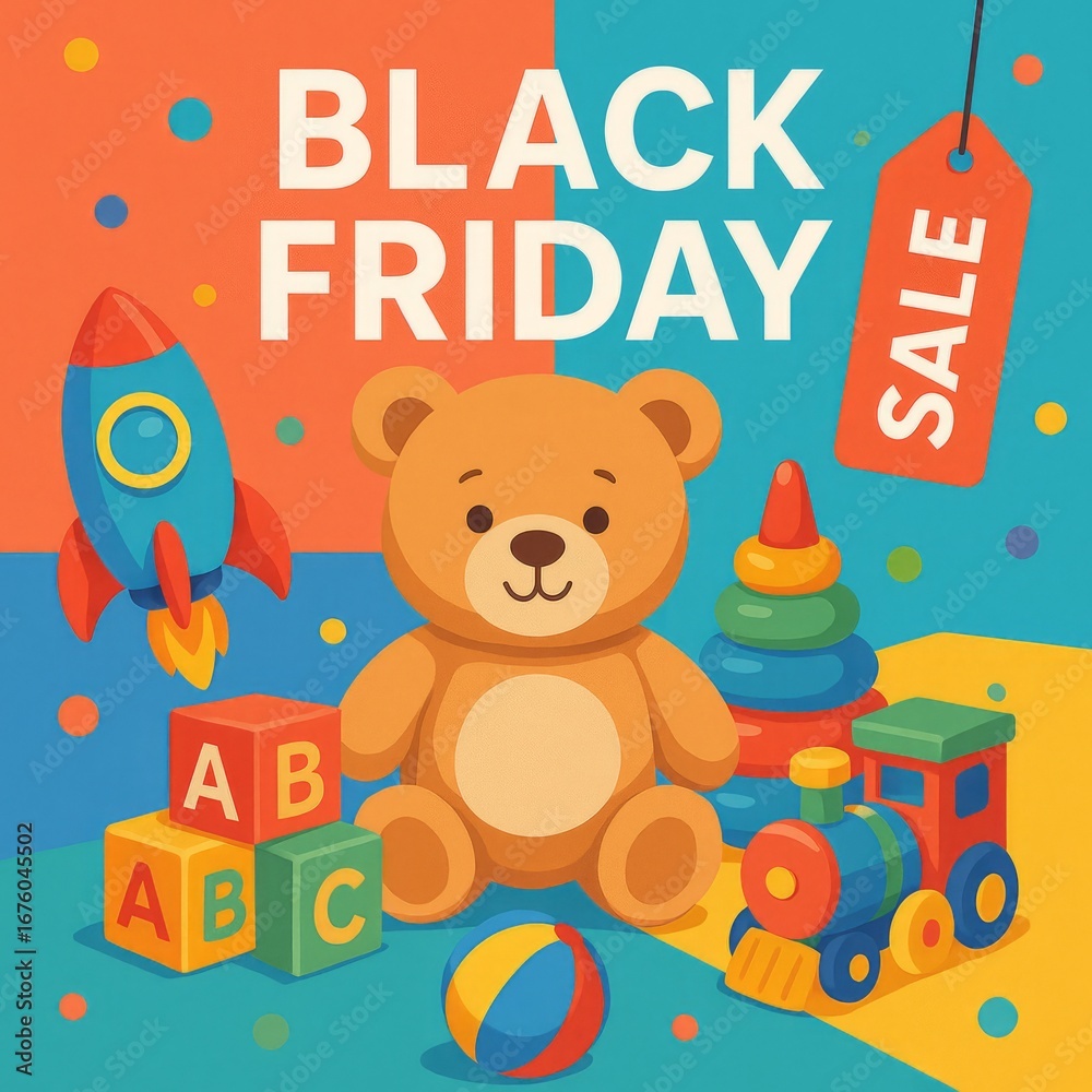 Obraz premium Black Friday Sale with teddy bear rocket blocks train and ball shopping