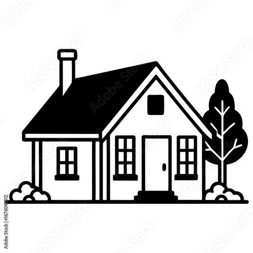 Cozy house line art with a porch, tree, and garden, simple black and white sketch style sketch illustration