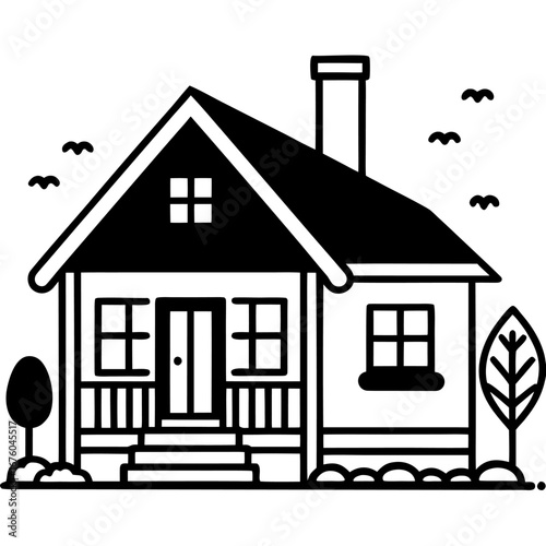 Cozy house line art with a porch, tree, and garden, simple black and white sketch style sketch illustration