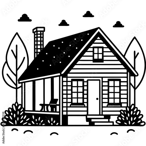 Cozy house line art with a porch, tree, and garden, simple black and white sketch style sketch illustration